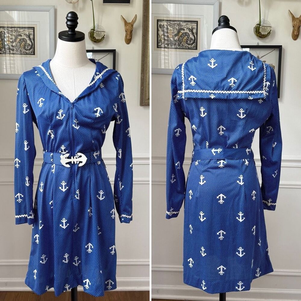 Vintage 70s House of She Ltd Zip Front Anchor Sailor Dress M